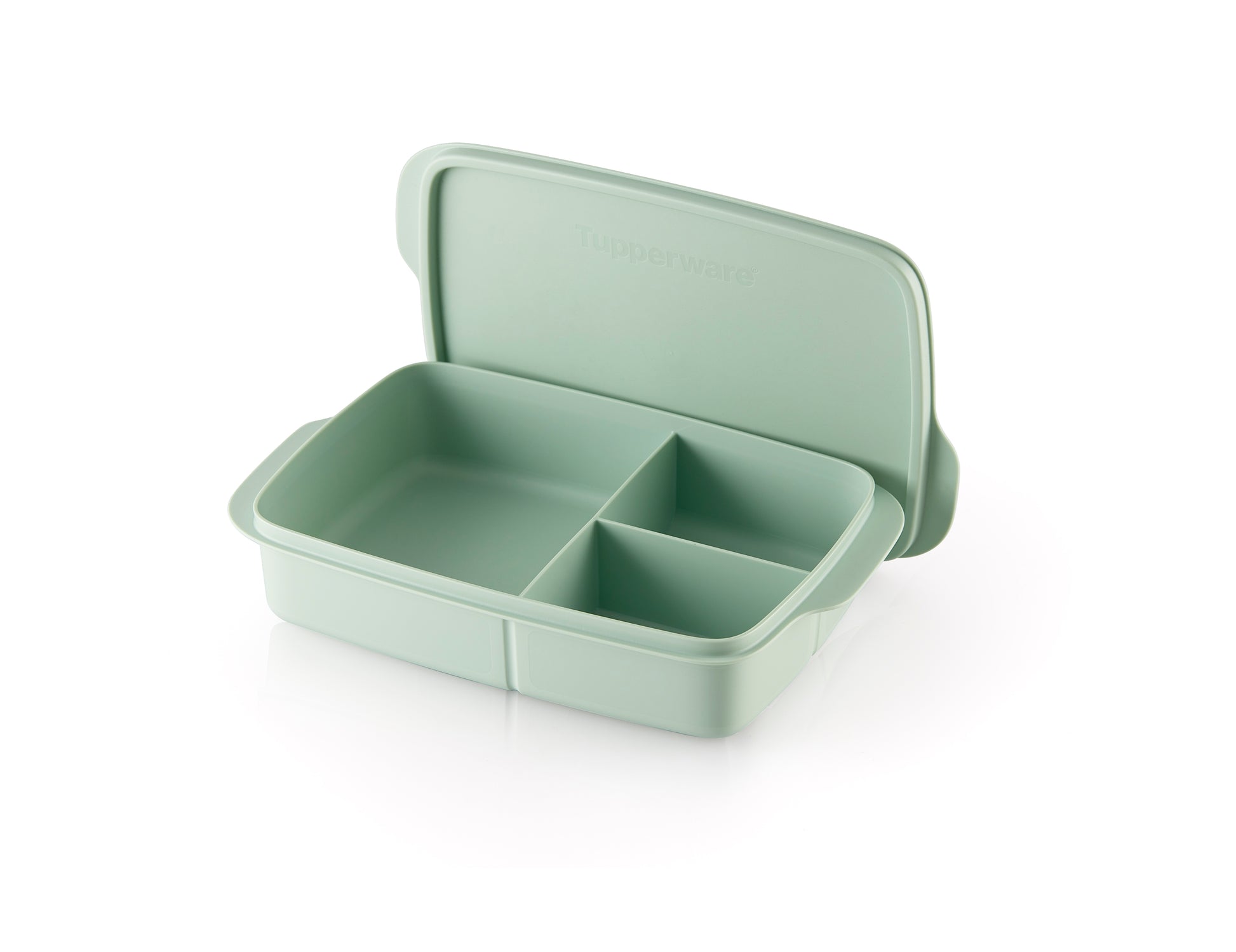 Groene Tupperware lunchbox met vakken en deksel, ideaal voor op reis of lunchen