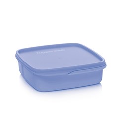Square blue plastic food storage container with snap-on lid on white background