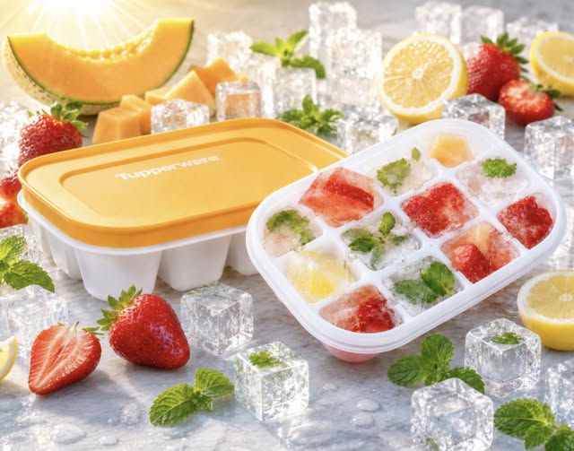 Tupperware ijsblokjesvorm met aardbeien, citroen en munt voor frisse dranken en cocktails