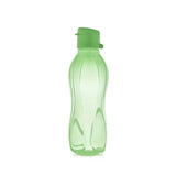 Green plastic kitchen water bottle with flip cap on white background