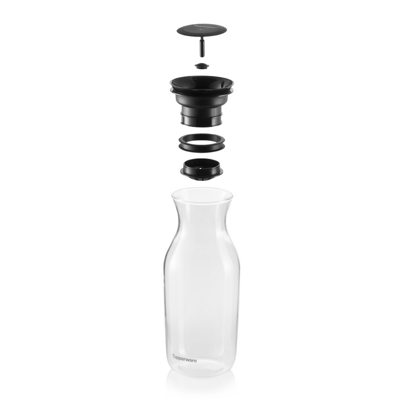 Clear kitchen carafe with black lid and spout parts shown in an exploded view