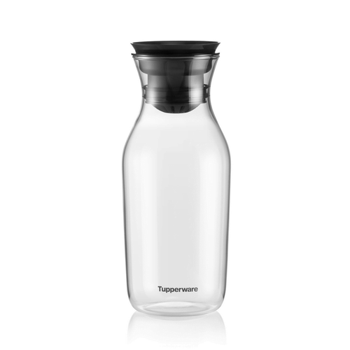 Clear plastic kitchen carafe with black pouring lid, Tupperware logo visible on front.