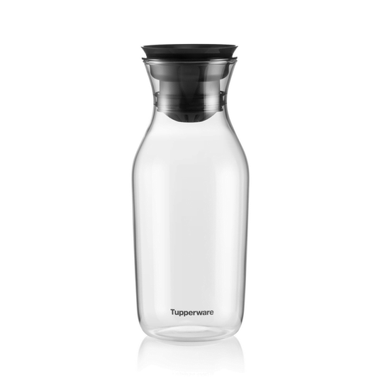 Clear plastic kitchen carafe with black pouring lid, Tupperware logo visible on front.