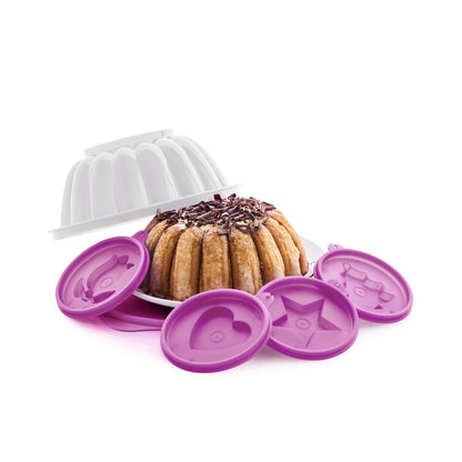 Paarse siliconen bakvormen met hart, ster en kat ontwerpen, perfect voor creatieve cakes en desserts