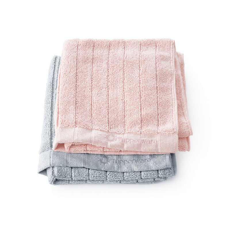Roze en grijze keukendoeken met ribbelstructuur, ideaal voor dagelijks gebruik in de keuken.