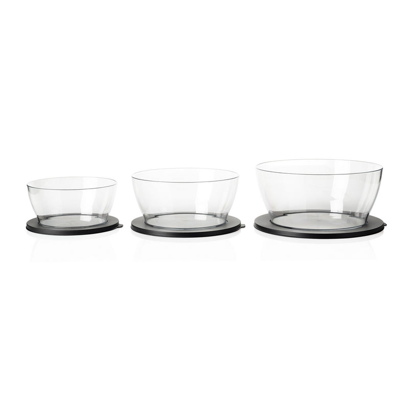 Set of three clear glass mixing bowls with black lids, kitchen organization bowls