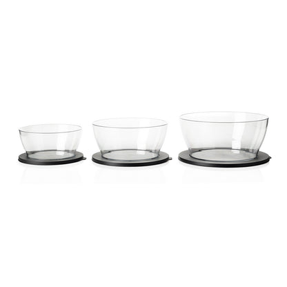 Set of three clear glass mixing bowls with black lids, kitchen organization bowls