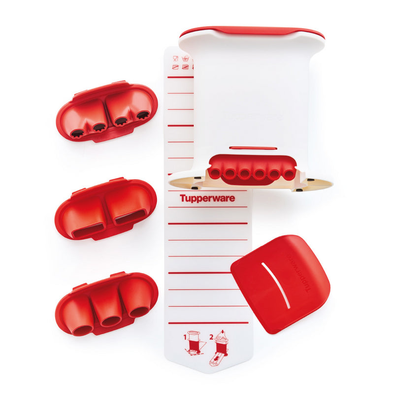 Red and white multi-piece kitchen tool set with slicer, guides, and attachments