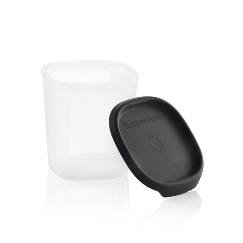 Clear plastic food storage container with black lid, kitchen organization tool