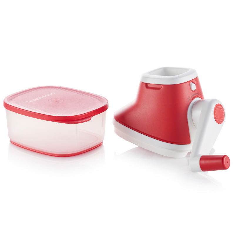 Red and white manual kitchen food processor with matching storage container