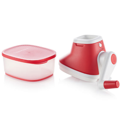 Red and white manual kitchen food processor with matching storage container