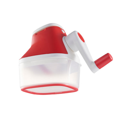 Red and white manual food chopper with hand crank and clear container