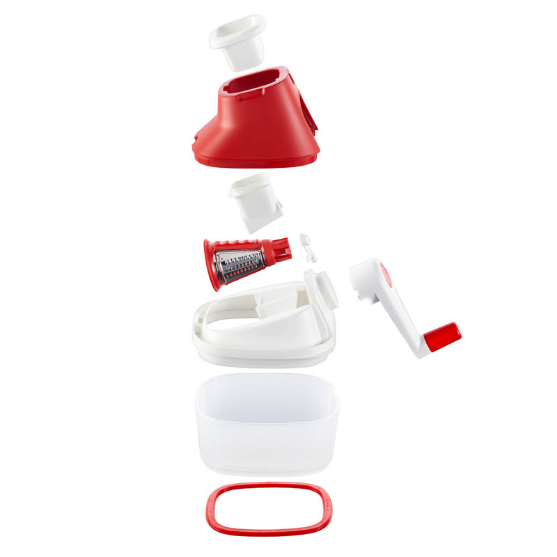 Exploded view of a hand-crank kitchen grater with red and white plastic parts