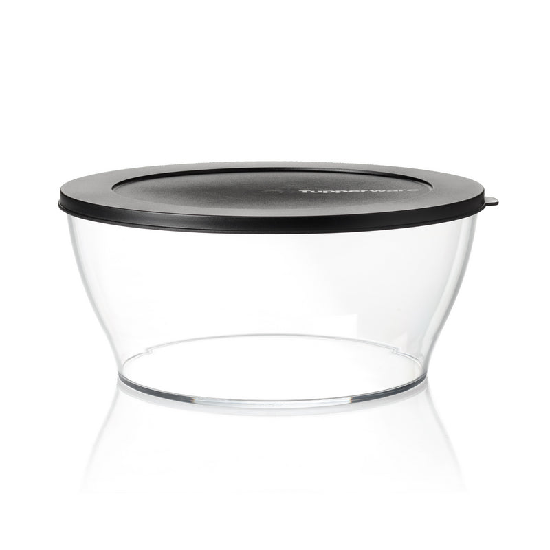Clear plastic food storage container with black lid, kitchen organization tool