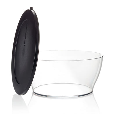 Clear plastic kitchen storage bowl with black airtight lid, isolated on white background