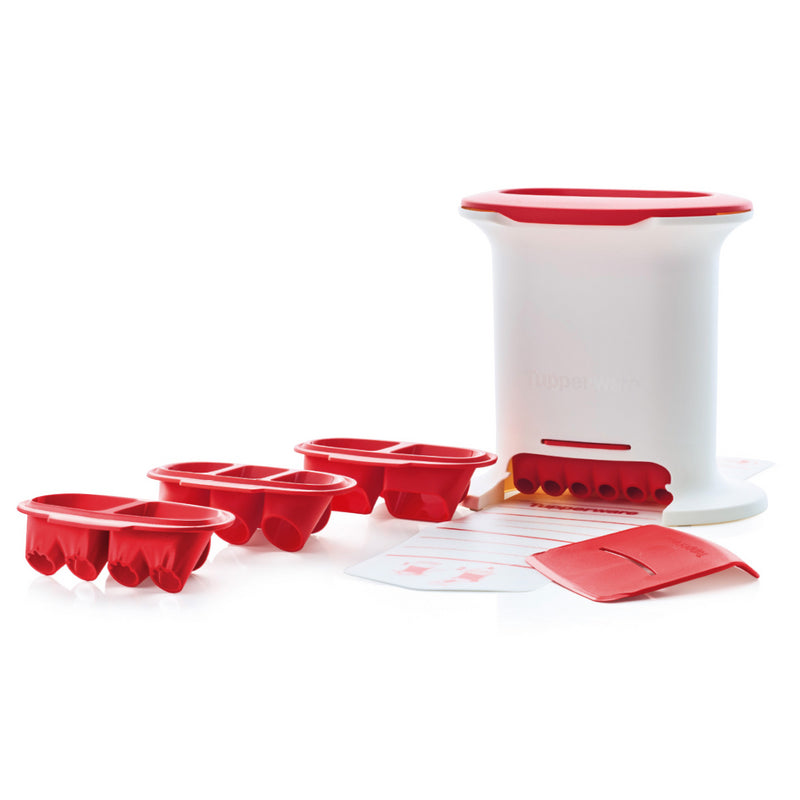 Multi-part kitchen tool set with red and white plastic molds and accessories on white background