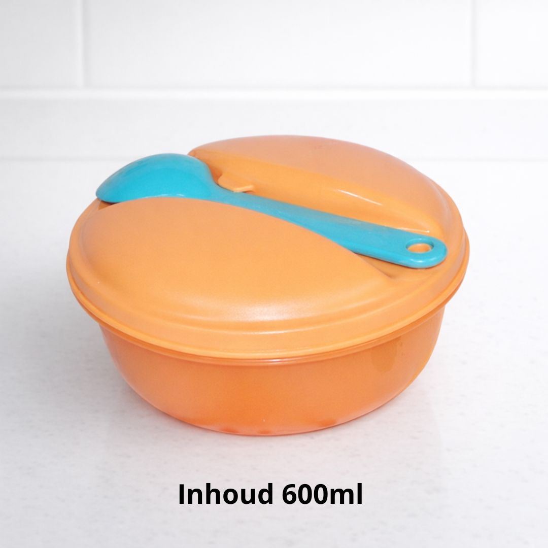 Orange plastic food container with blue spoon, 600ml capacity, on white kitchen counter