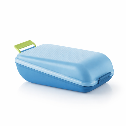 Blue plastic food container with green handle, ideal kitchen storage tool on white background
