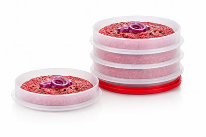 Plastic burger vormen met rauw gehakt en ui, ideaal voor keukentools en hamburgerbereiding