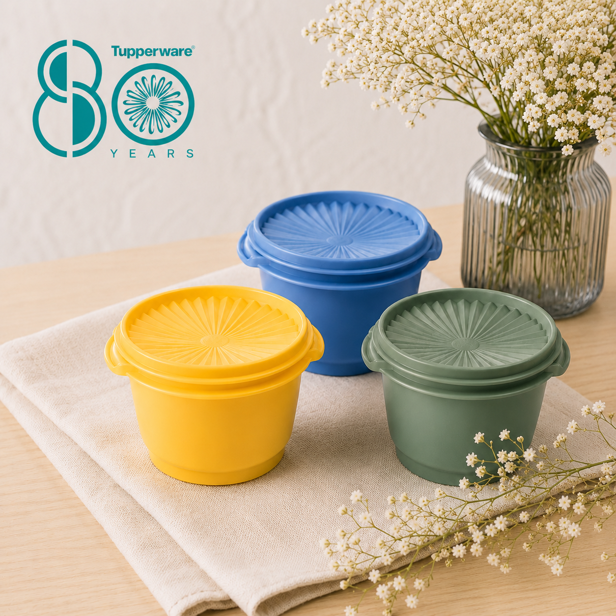 Kleurrijke Tupperware opbergboxen met bloemmotief deksels, perfect voor keukenopslag en voedselbewaring