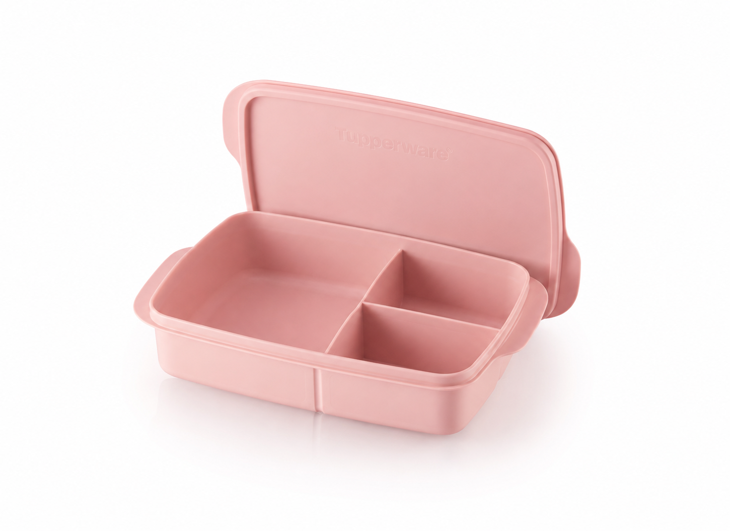 Roze Tupperware lunchbox met vakken, ideaal voor georganiseerd en gezond eten onderweg