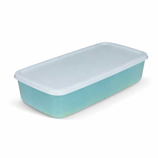 Rectangular turquoise food storage container with white lid on white background