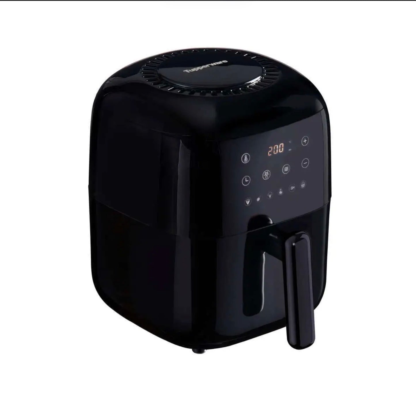 Black digital air fryer with touchscreen controls on a white background