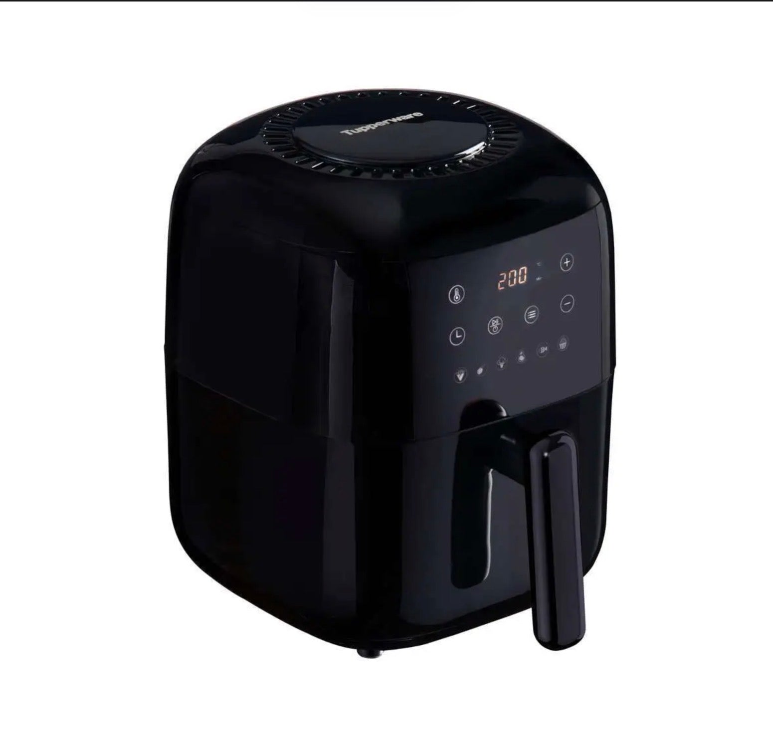 Black digital air fryer with touchscreen controls on a white background