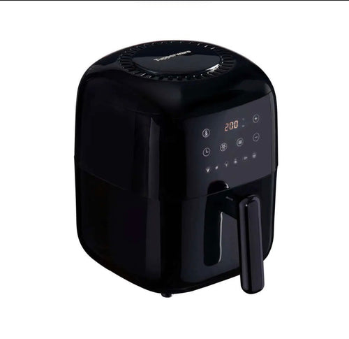 Black digital air fryer with touchscreen controls on a white background
