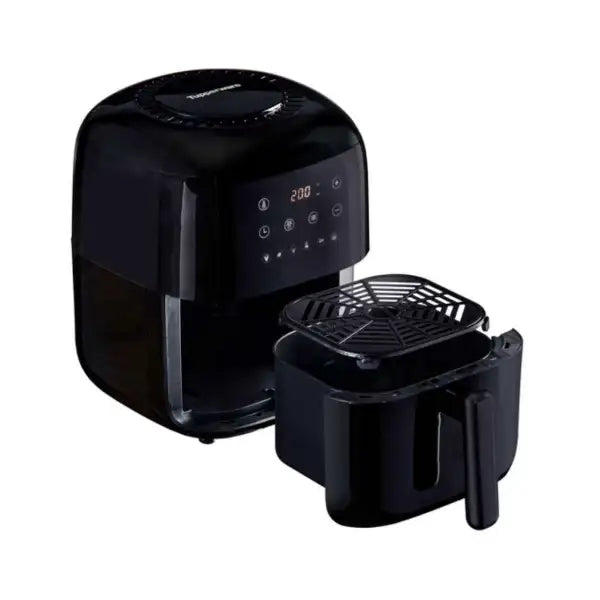 Black digital air fryer with removable basket on a white background