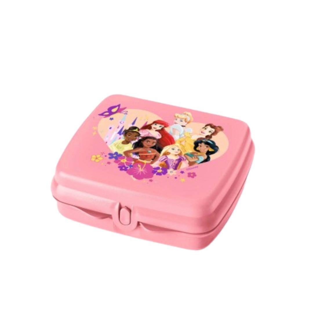Pink lunch box with colorful princess illustration, ideal for kids snacks and school meals