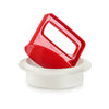 Red Tupperware hamburger press with a white base on a white background.