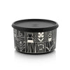Round black food storage container with coffee and geometric line art design, black lid