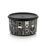 Round black food storage container with coffee and geometric line art design, black lid