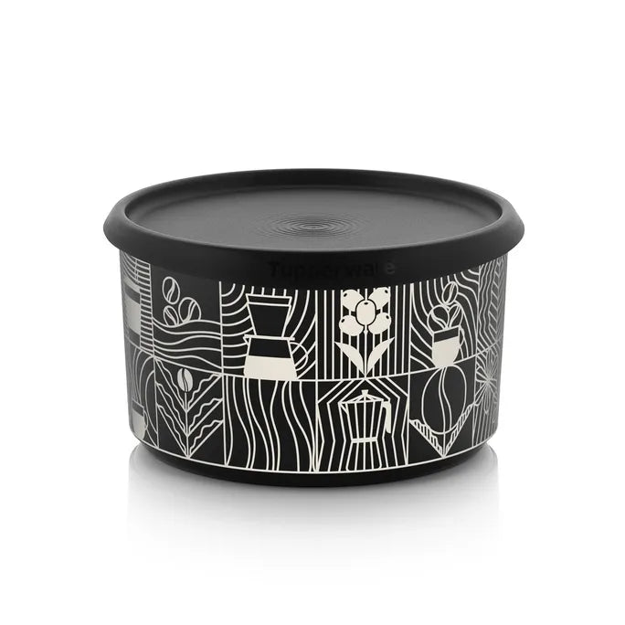 Round black food storage container with coffee and geometric line art design, black lid