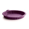 Purple silicone quiche pan with fluted edges for baking tarts and quiches