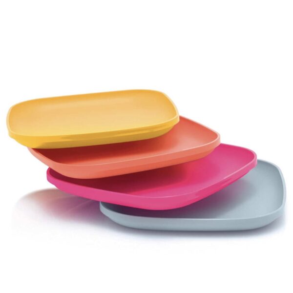 Kleurrijke rechthoekige dienbladen in geel, oranje, roze en grijs, perfect voor moderne keukens en feestelijke tafels.
