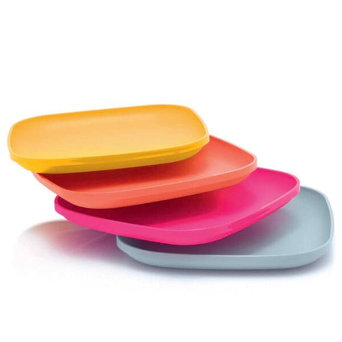 Kleurrijke rechthoekige dienbladen in geel, oranje, roze en grijs, perfect voor moderne keukens en feestelijke tafels.