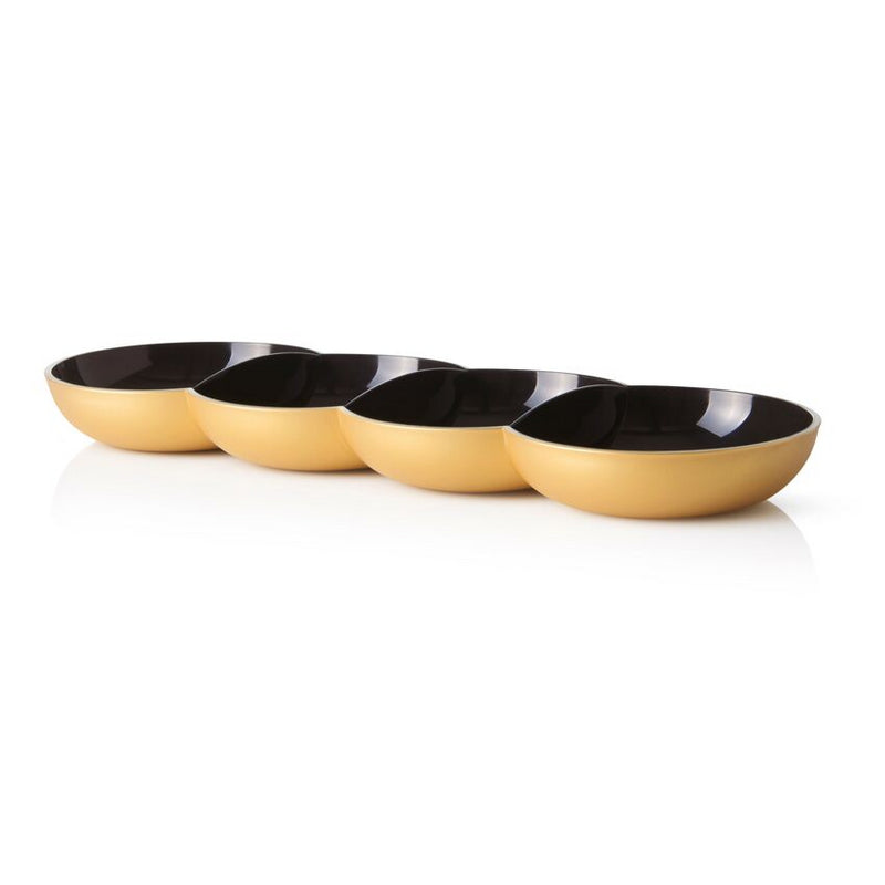 Set of four round yellow and black tapas bowls on a white background