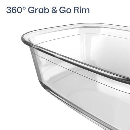 Clear glass food storage container with 360° Grab & Go rim, close-up view