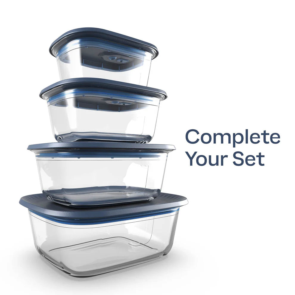 Stack of transparent food storage containers with blue lids, kitchen organization containers.