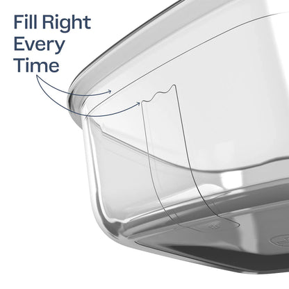 Clear food container with fill line marking and 'Fill Right Every Time' text