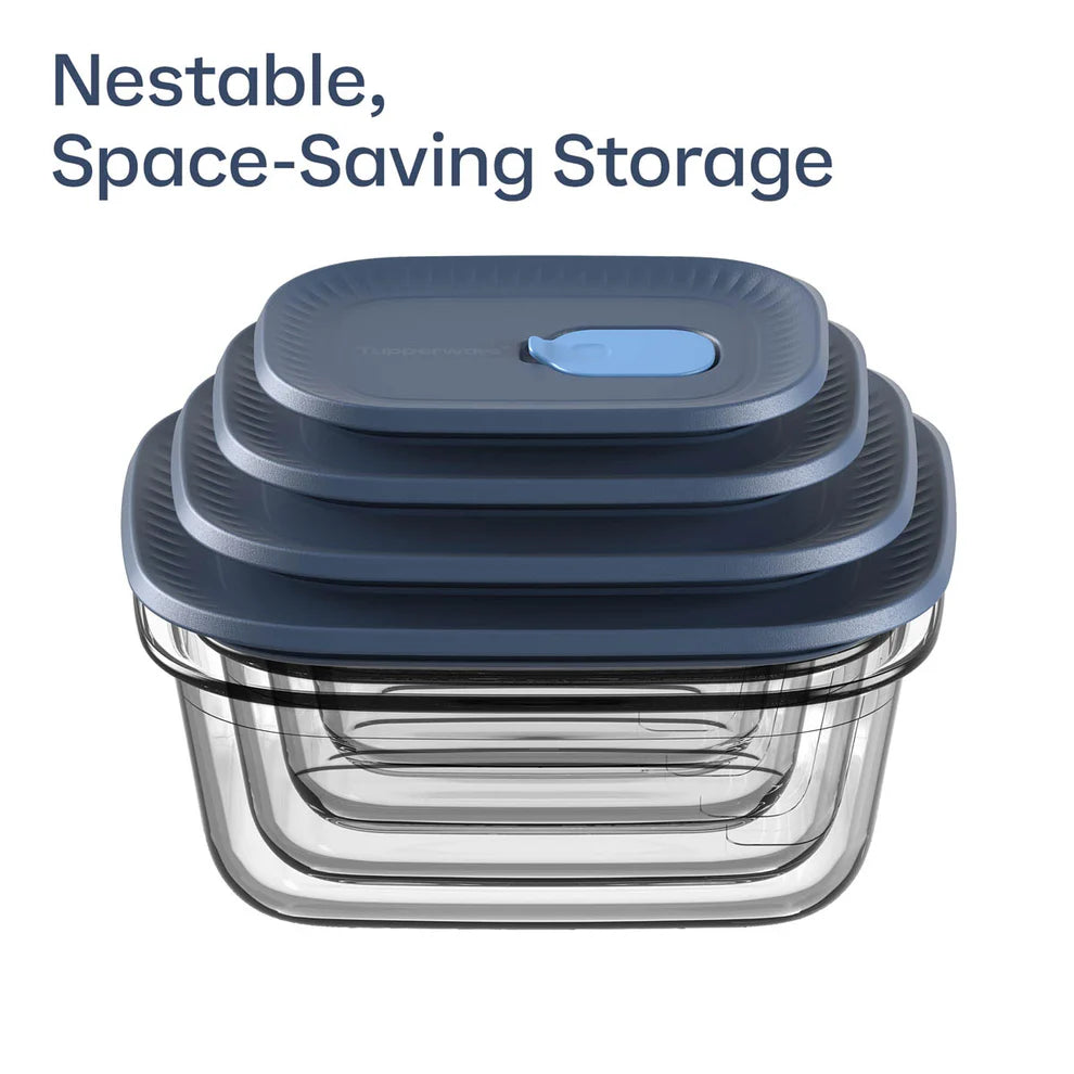 Stacked nestable food storage containers with blue lids for space-saving kitchen organization
