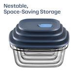 Nestable, space-saving kitchen storage containers with blue lids stacked together