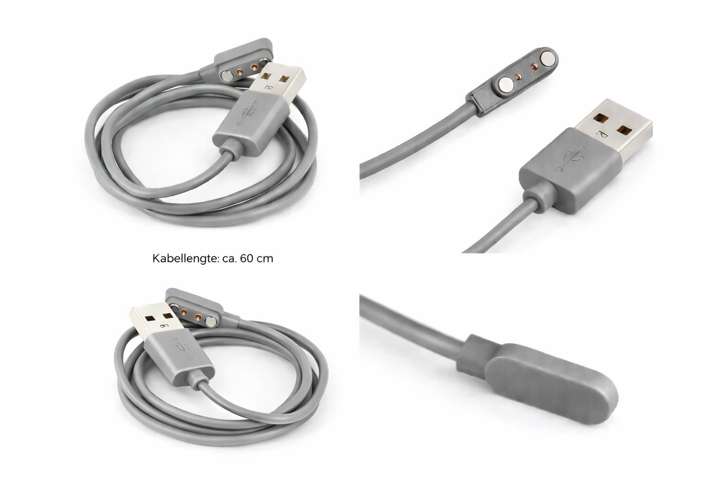 Gray USB charging cable with magnetic connector, 60 cm length, shown in close-up views.