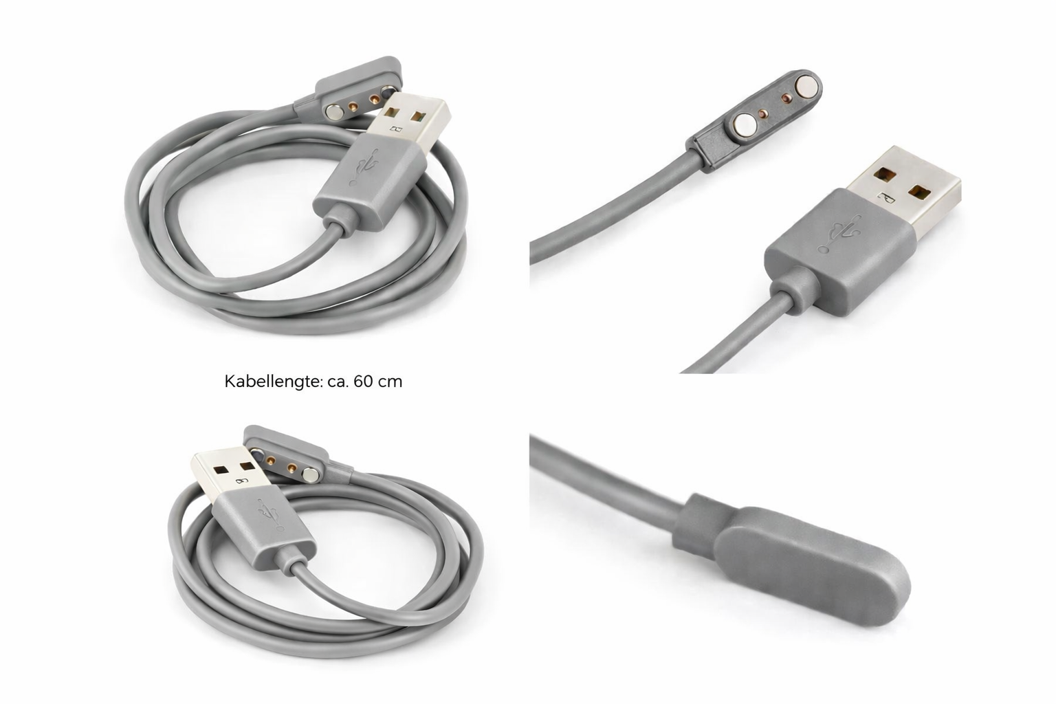 Gray USB charging cable with magnetic connector, 60 cm length, shown in close-up views.
