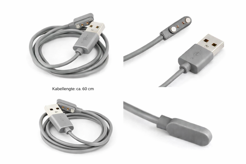Gray USB charging cable with magnetic connector, 60 cm length, shown in close-up views.