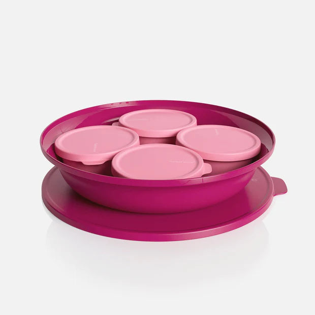 Roze keukenopbergset met vier deksels en bak, ideaal voor organisatie en opslag in de keuken