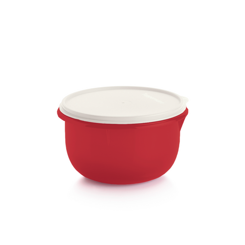 Rode keukenbak met wit deksel, ideaal voor opslag en bereiding van gerechten in de keuken.