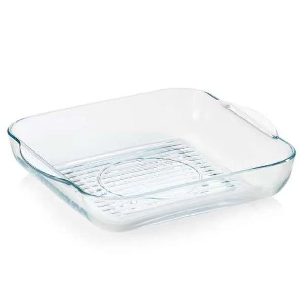 Square glass baking dish with handles and ribbed base, ideal for oven cooking and roasting